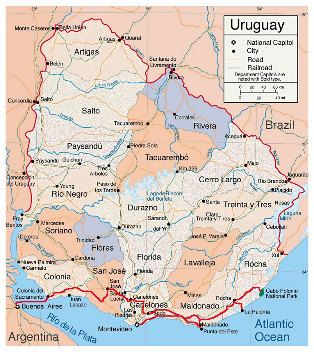 Детальная политическая и административная карта Уругвая с дорогами и крупными городами