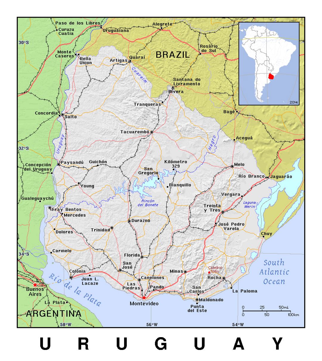Детальная политическая карта Уругвая с рельефом