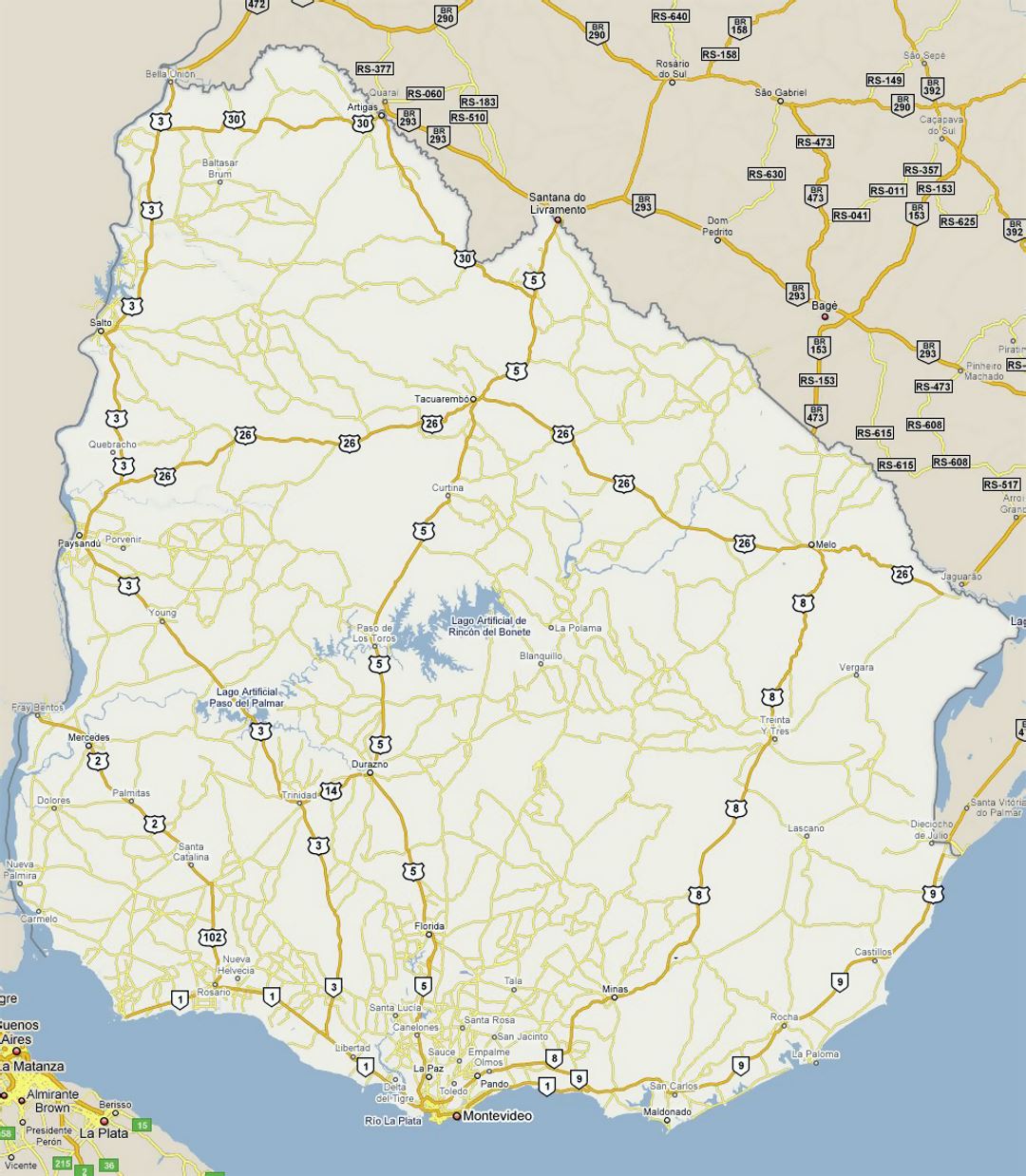 Подробная карта дорог Уругвая