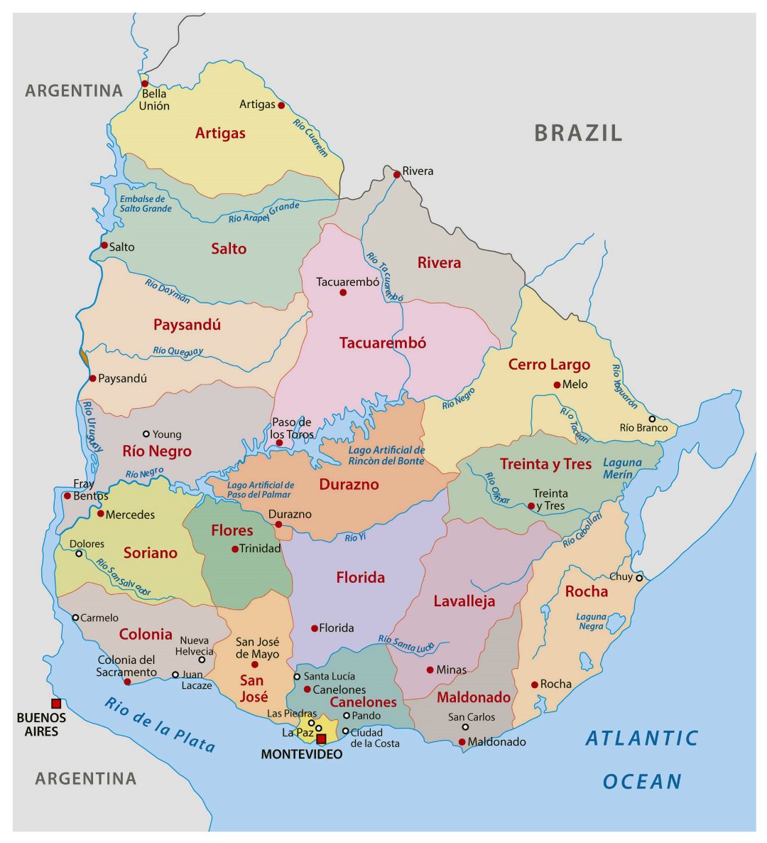 Большая детальная карта административных делений Уругвая