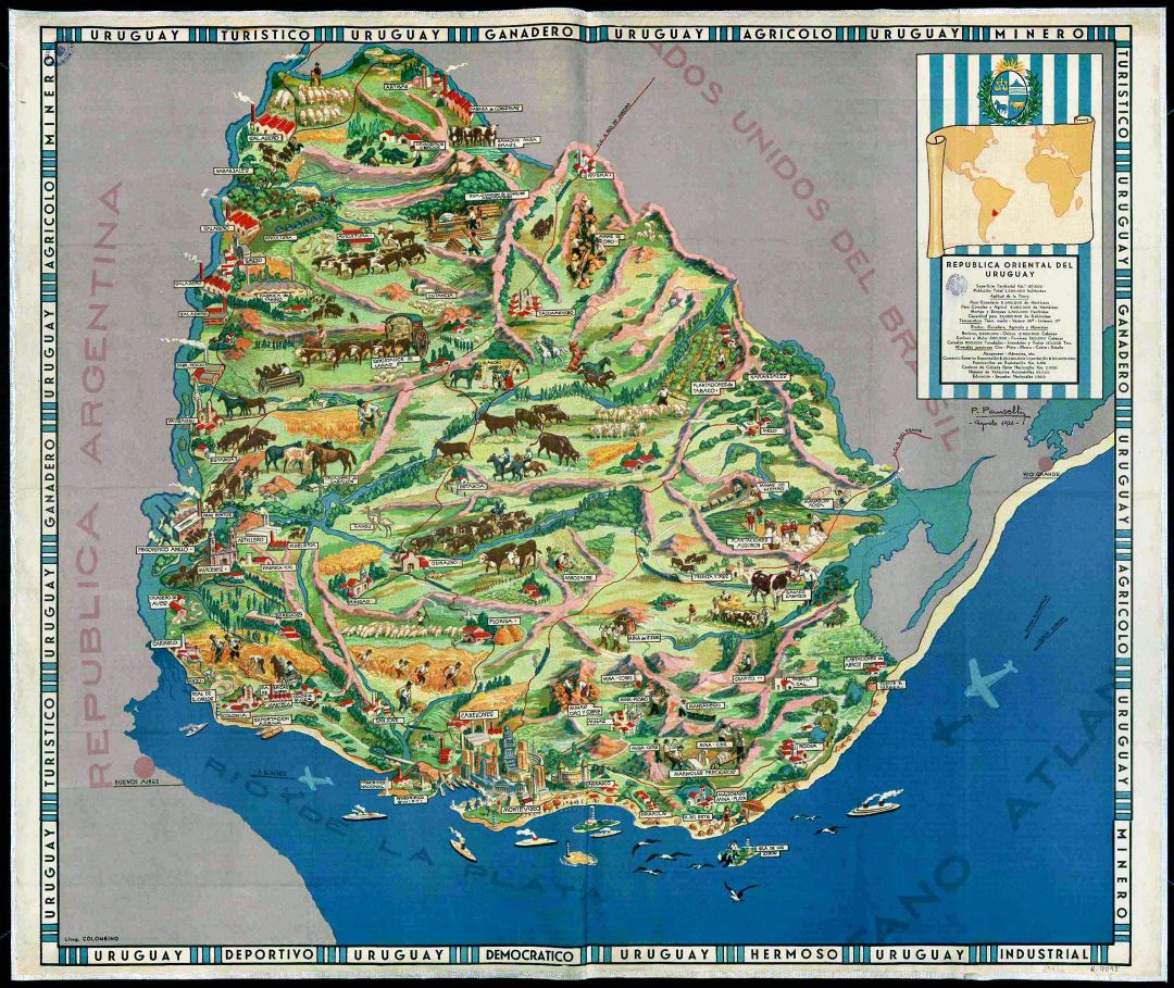 Большая детальная старая иллюстрированная карта Уругвая