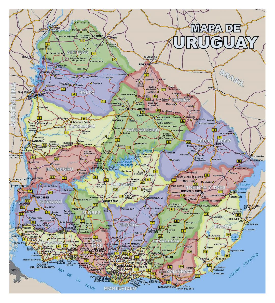 Большая детальная политическая какрта и карта административных делений Уругвая со всеми дорогами и городами