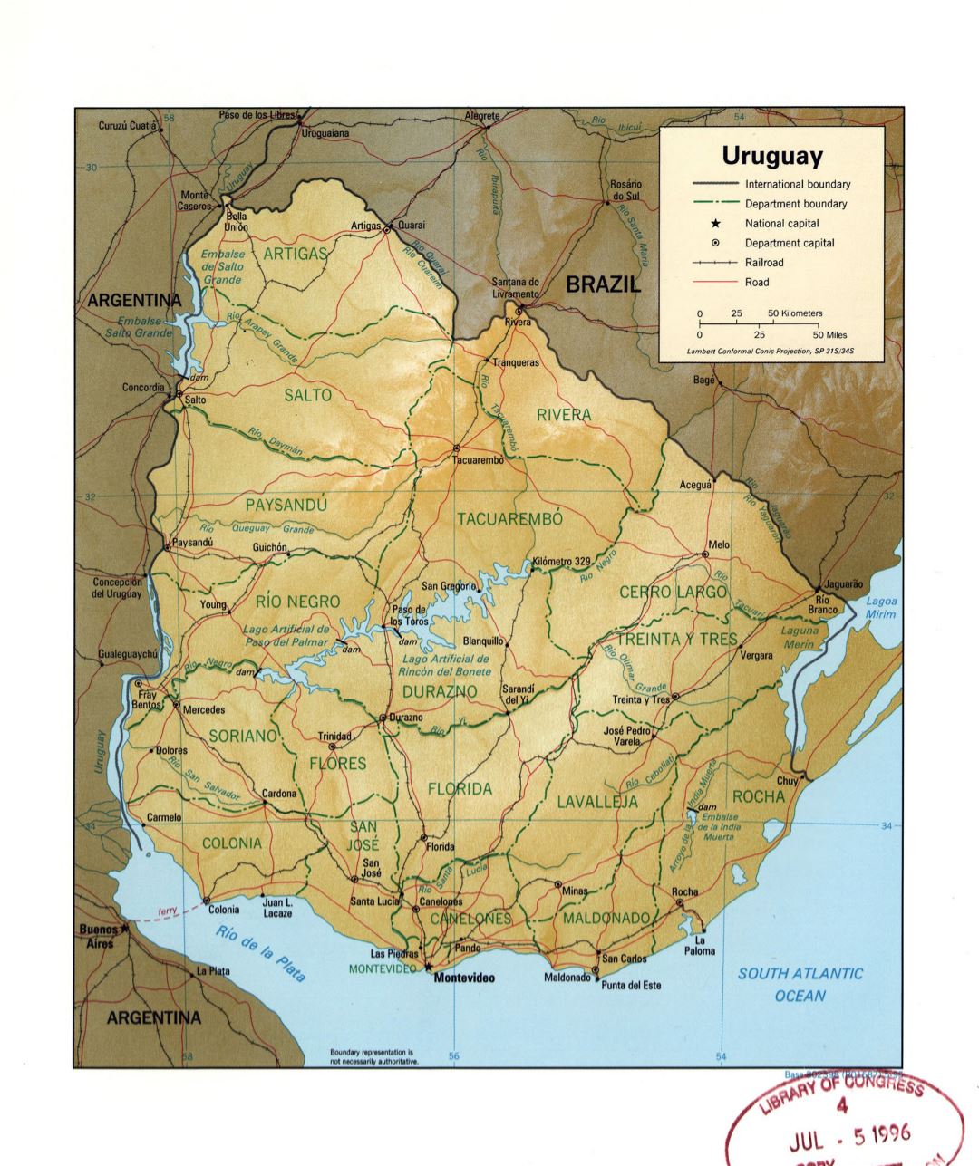 Большая подробная политическая и административная карта Уругвая с рельефом, пометками дорог, железных дорог и крупных городов - 1995