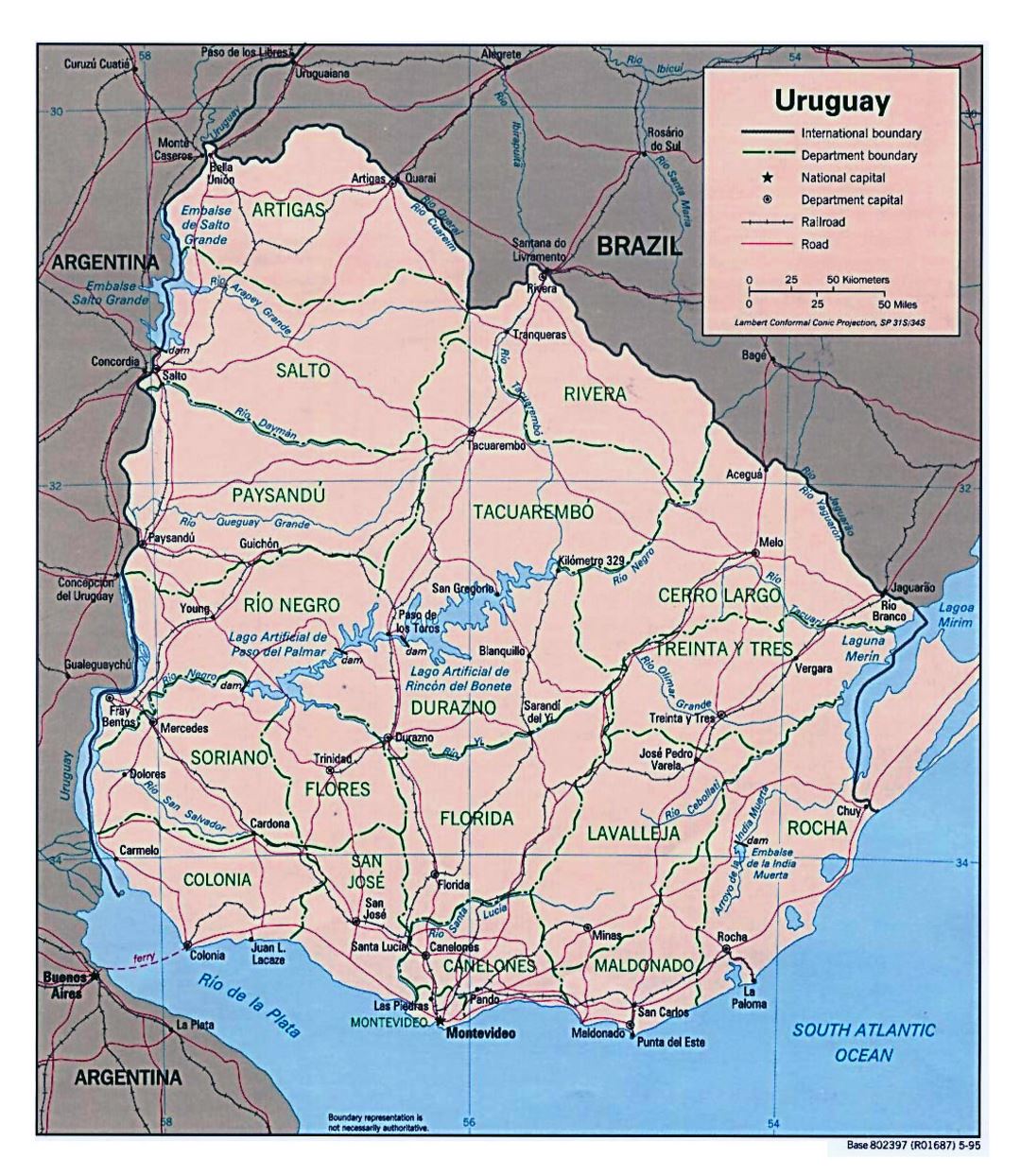Большая детальная политическая и административная карта Уругвая с дорогами и городами - 1995