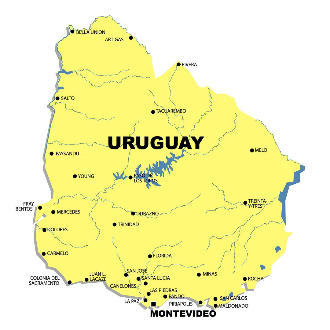 Большая карта Уругвая с крупными городами