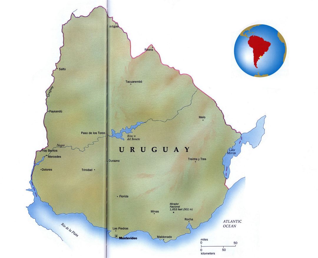 Большая карта Уругвая с рельефом и крупными городами