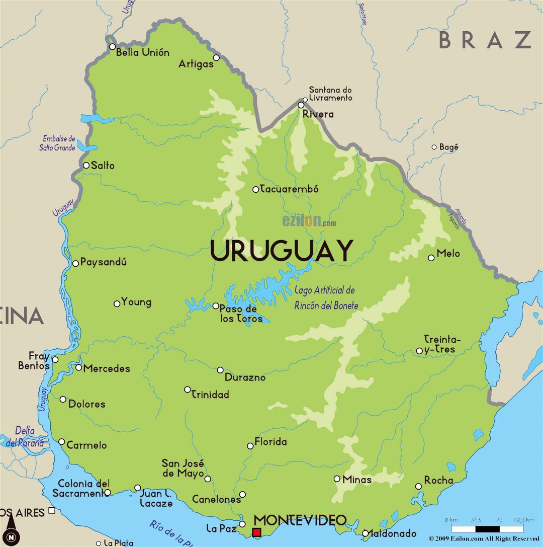 Большая физическая карта Уругвая с крупными городами