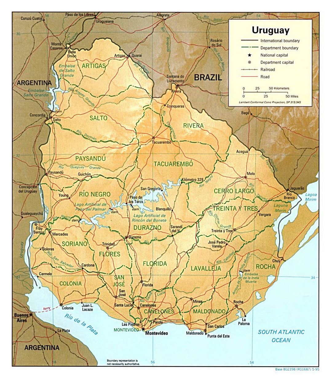 Большая политическая и административная карта Уругвая с рельефом, дорогами и городами - 1995