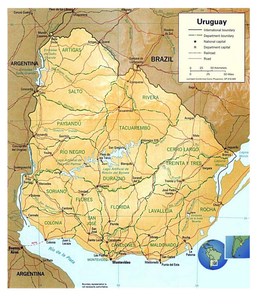 Большая политическая и административная карта Уругвая с рельефом