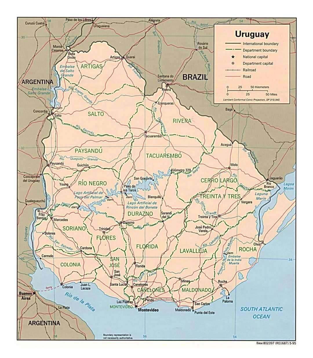 Большая политическая и административная карта Уругвая с дорогами и городами - 1995