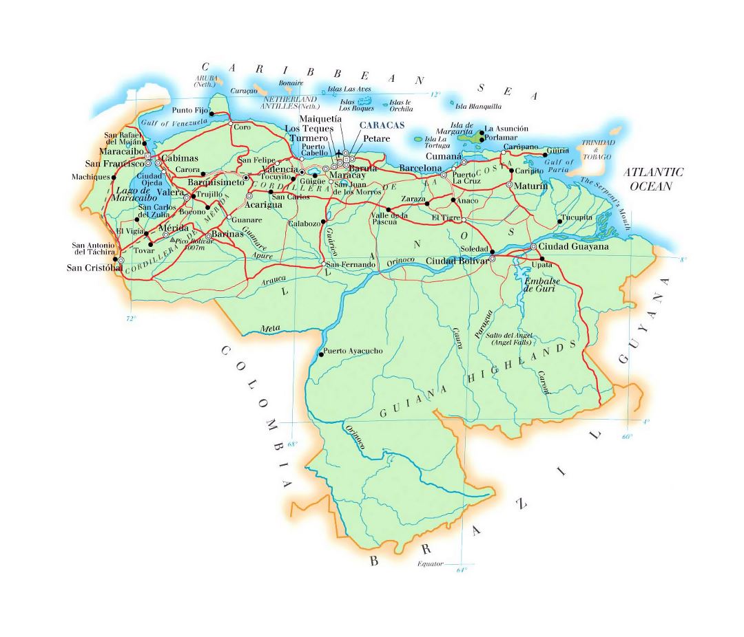 Детальная карта высот Венесуэлы с дорогами, городами и аэропортами