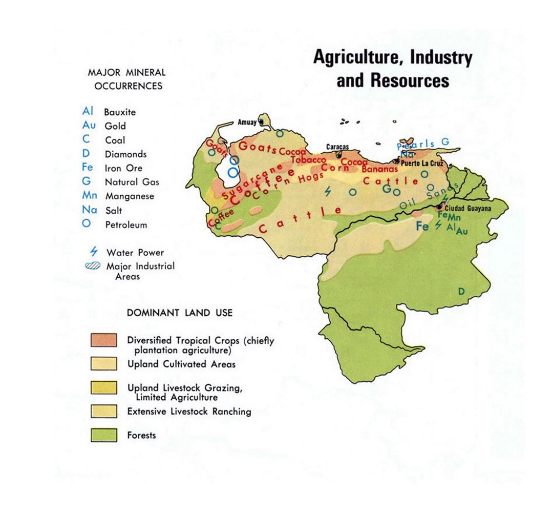 Детальная карта сельского хозяйства и ресурсов Венесуэлы