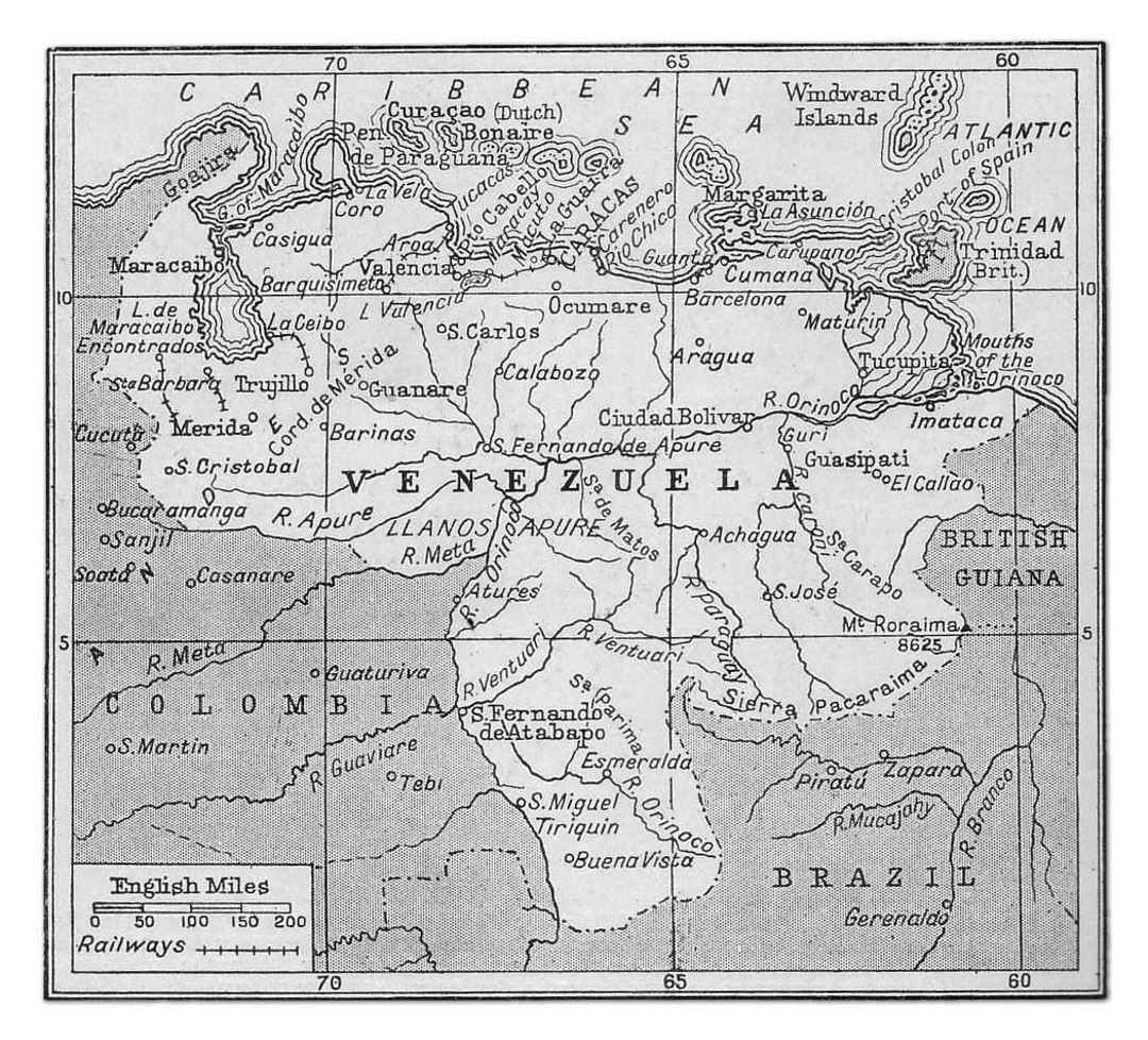 Детальная старая карта Венесуэлы с железными дорогами и городами - 1920