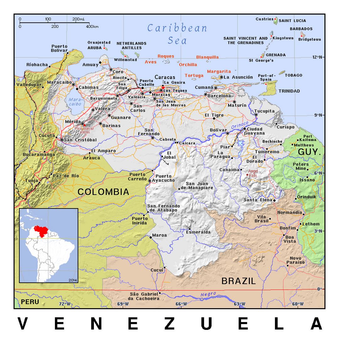 Детальная политическая карта Венесуэлы с рельефом