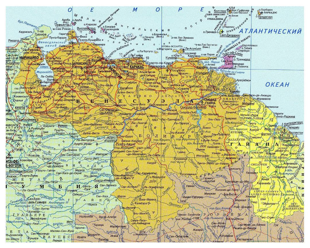 Большая детальная карта Венесуэлы с дорогами и всеми городами на русском языке