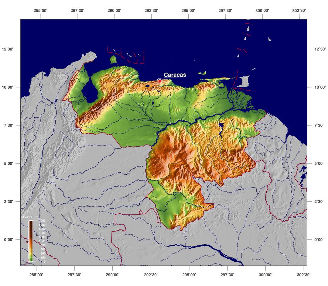 Большая детальная физическая карта Венесуэлы