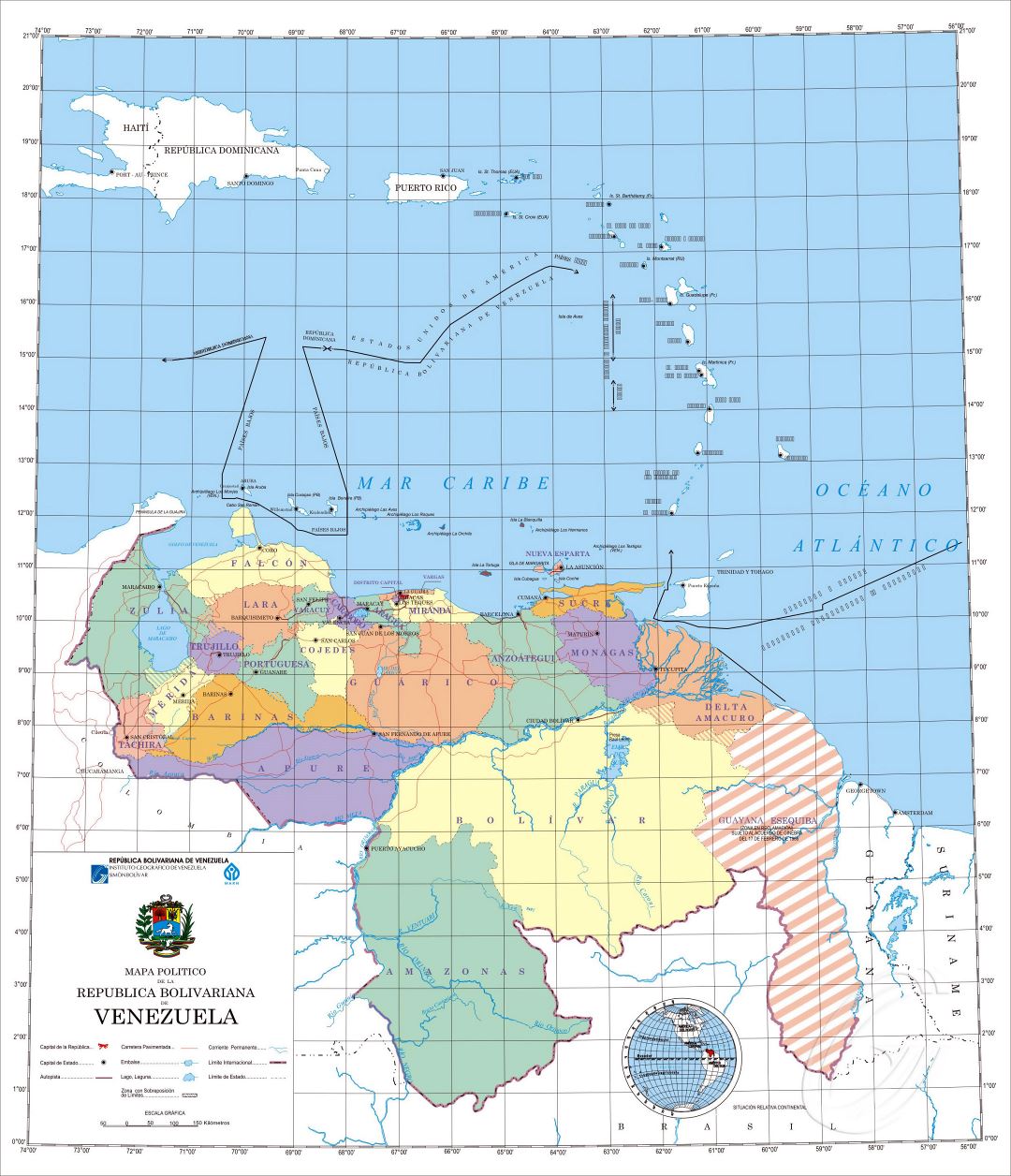 Большая детальная политическая карта Венесуэлы с административными делениями