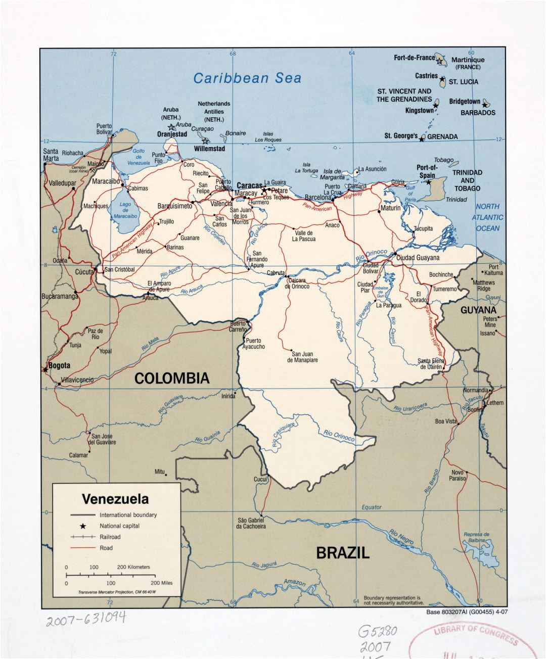 Большая детальная политическая карта Венесуэлы с пометками дорог, железных дорог и крупных городов - 2007