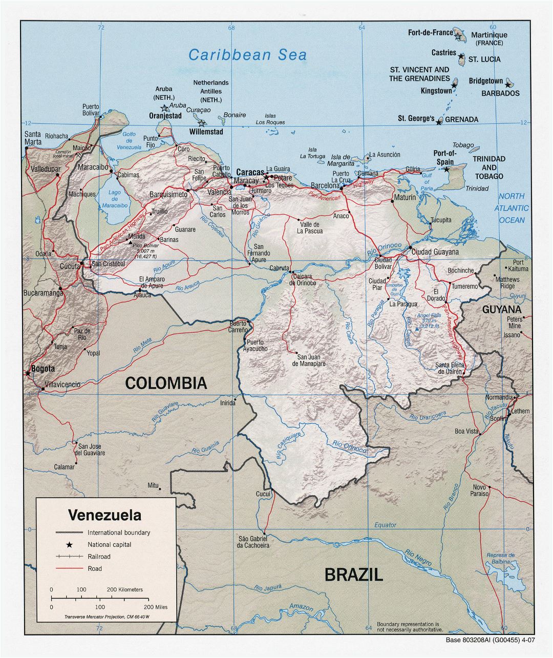 Большая подробная политическая карта Венесуэлы с рельефом, дорогами и городами - 2007