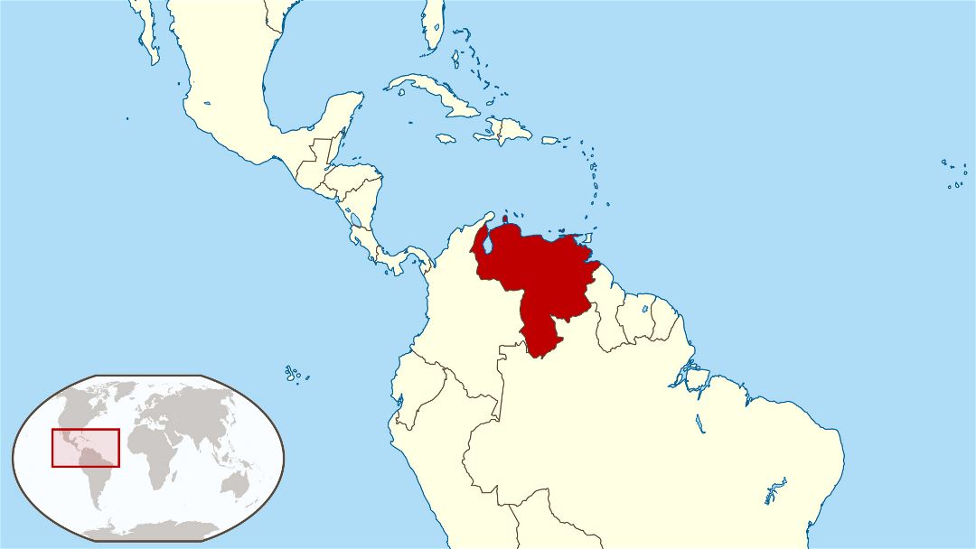 Большая карта расположения Венесуэлы в Южной Америке