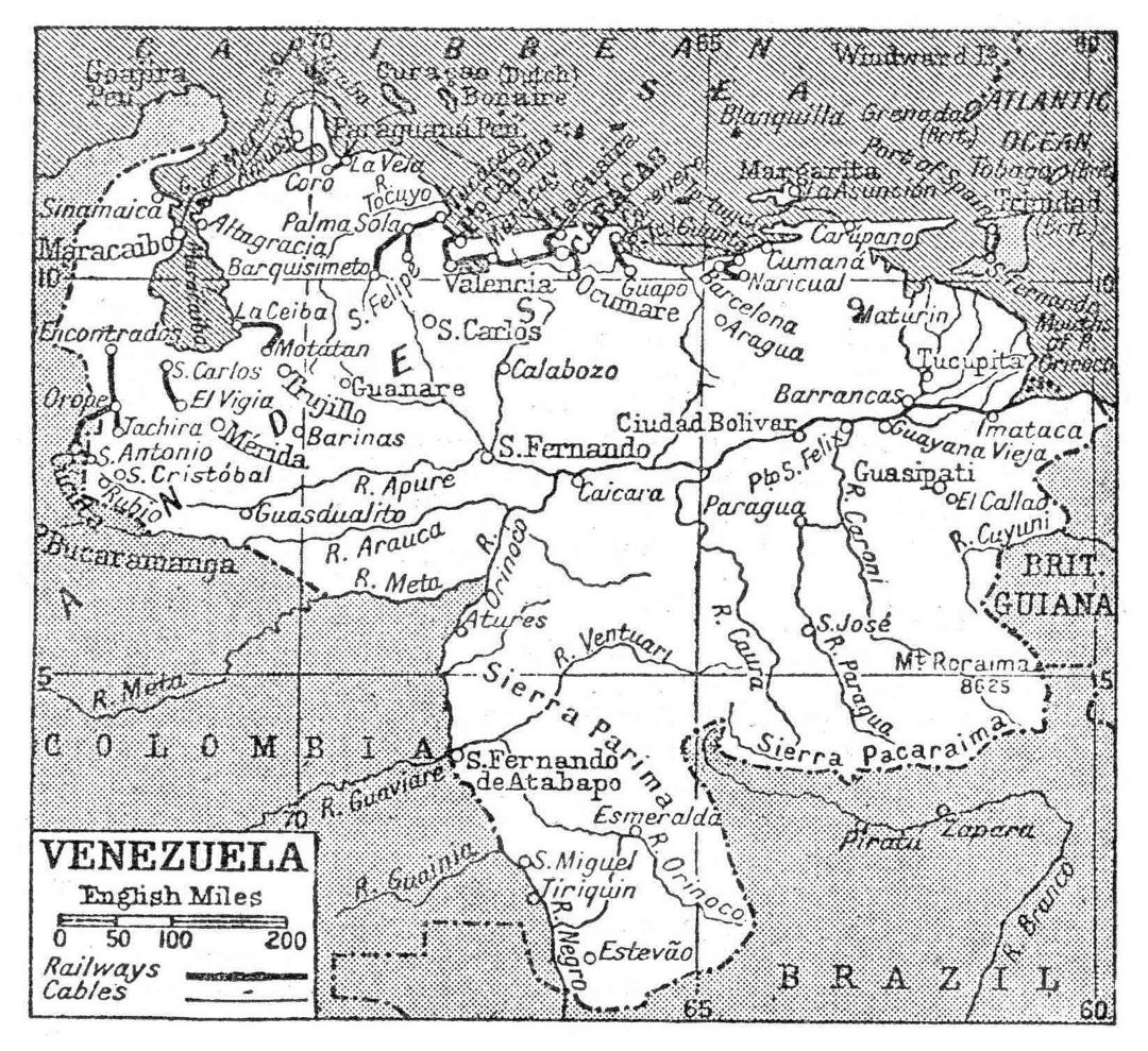 Большая старая карта Венесуэлы с железными дорогами и городами - 1932