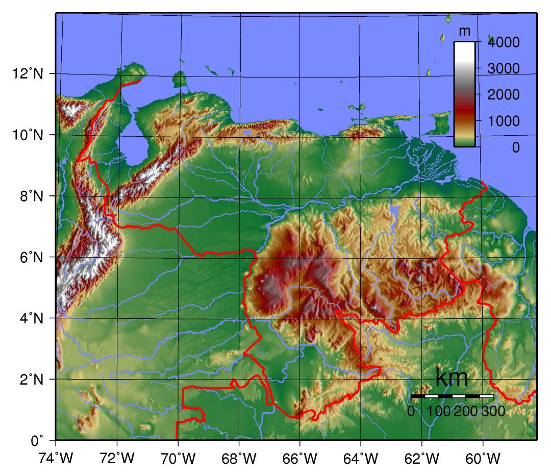 Большая физическая карта Венесуэлы