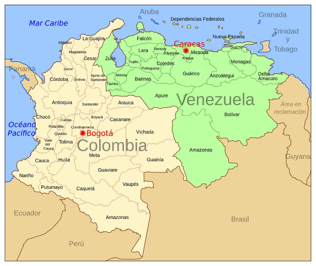 Большая политическая и административная карта Колумбии и Венесуэлы со столицами