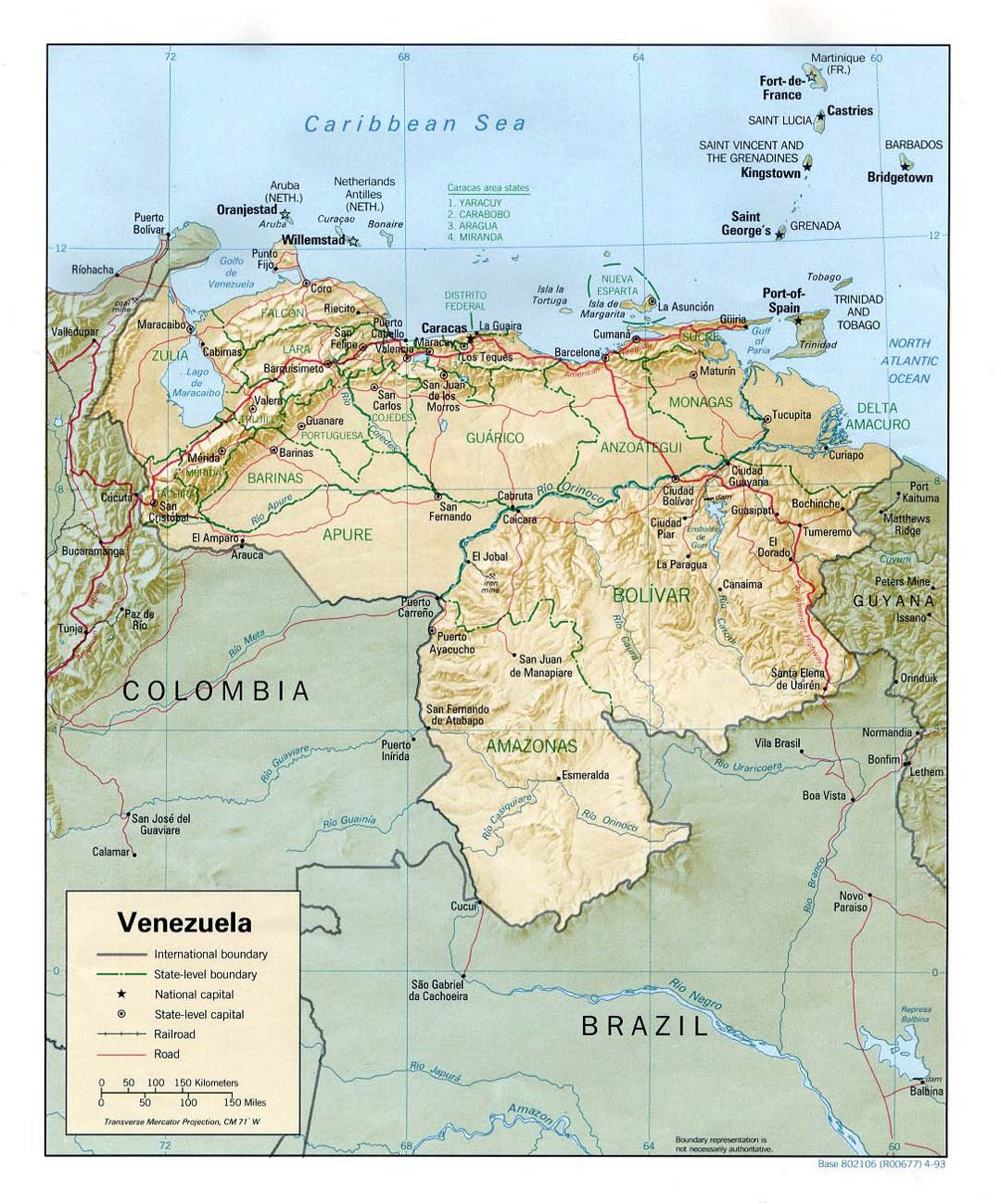 Большая политическая и административная карта Венесуэлы с рельефом, дорогами и городами - 1993
