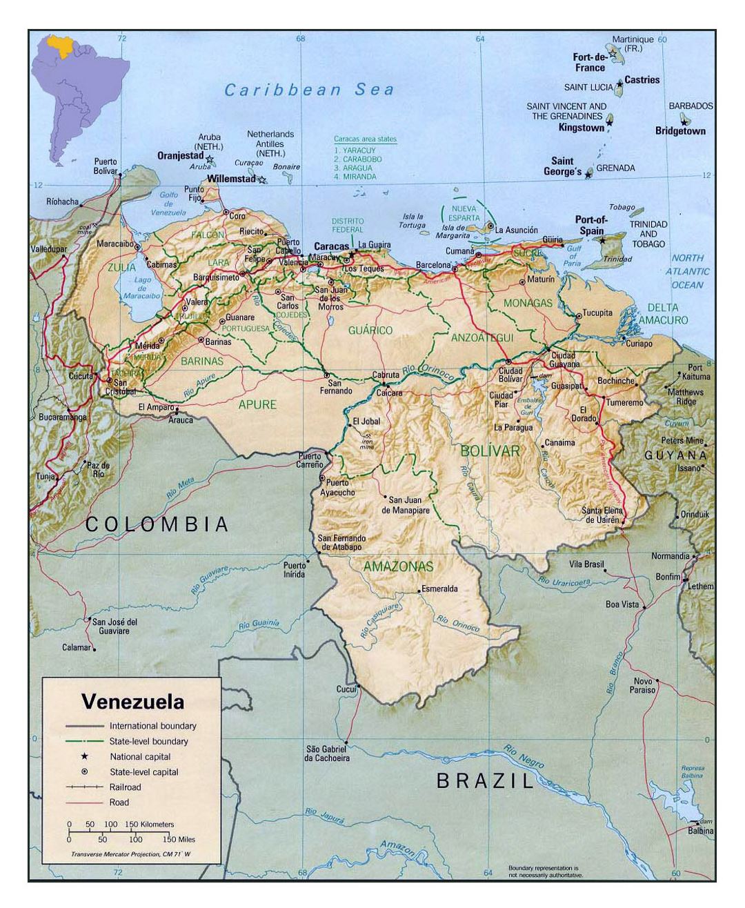 Большая политическая и административная карта Венесуэлы с рельефом, дорогами и городами