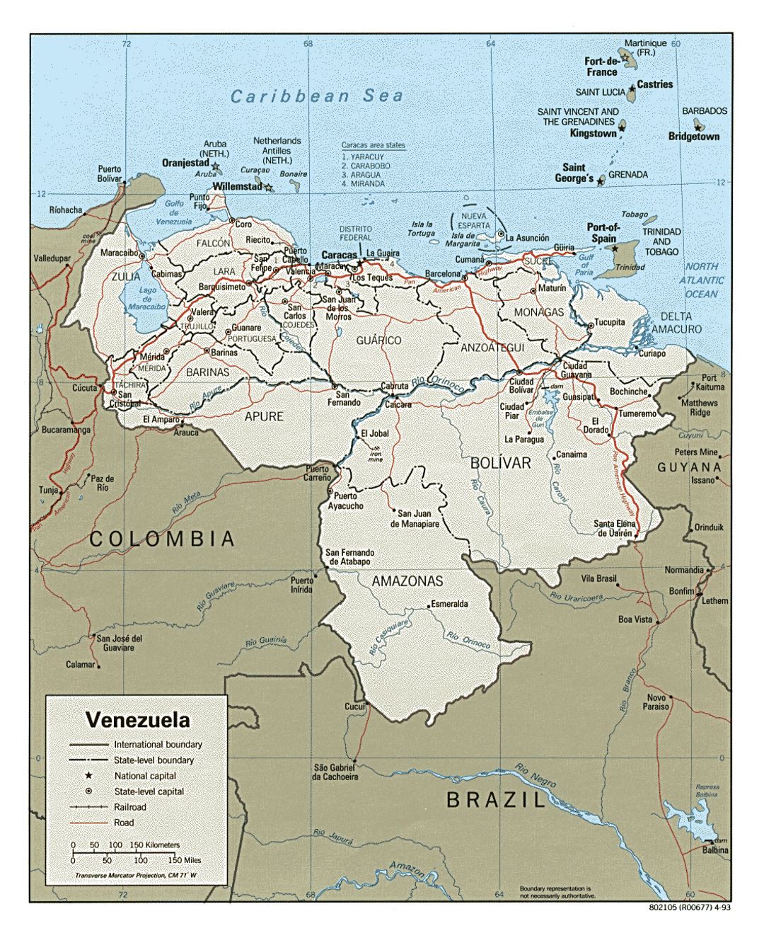 Большая политическая и административная карта Венесуэлы с дорогами и городами - 1993