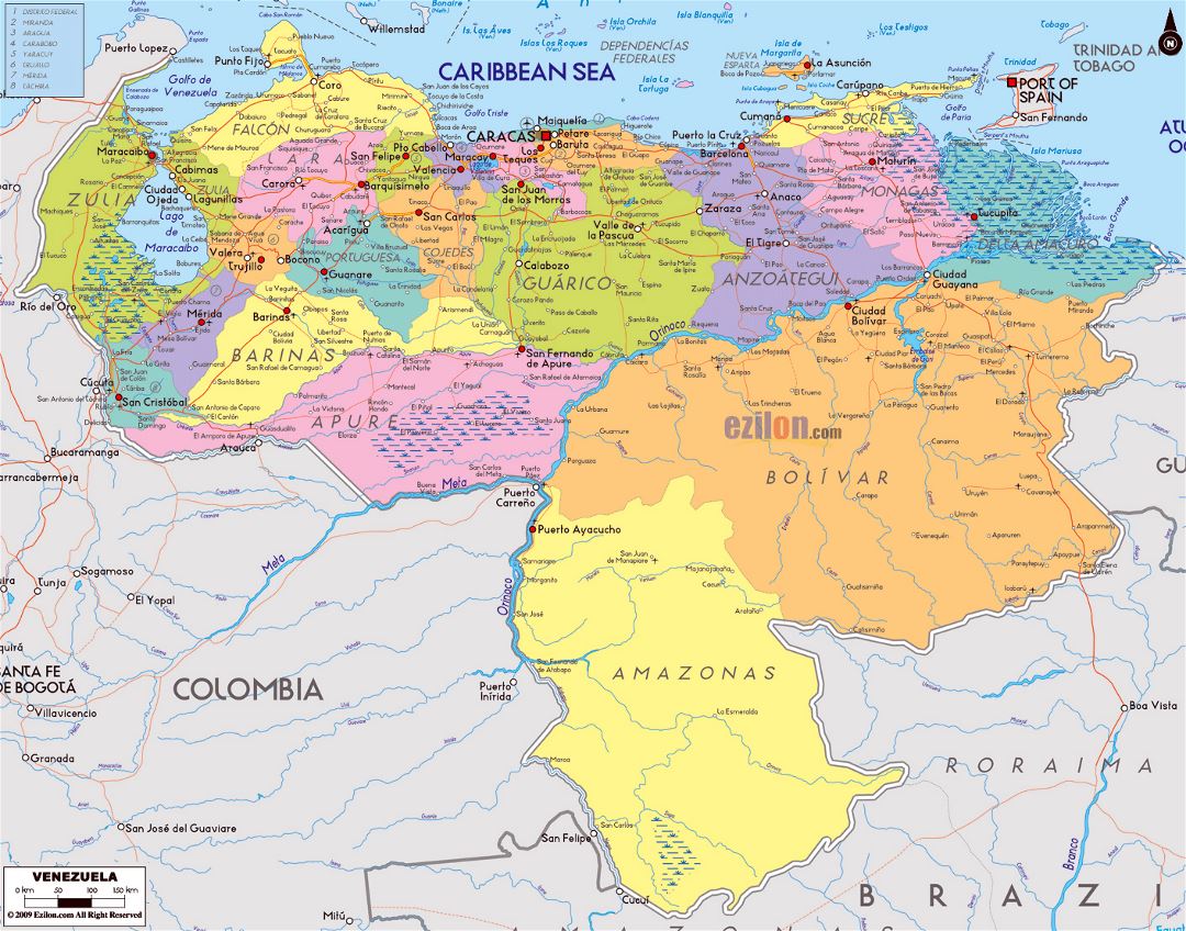 Большая политическая и административная карта Венесуэлы с дорогами, городами и аэропортами
