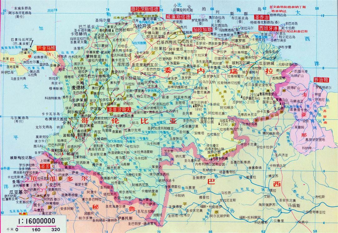 Большая политическая карта Колумбии и Венесуэлы с городами на китайском языке
