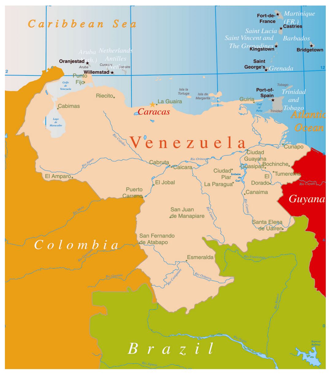 Большая политическая карта Венесуэлы с крупными городами