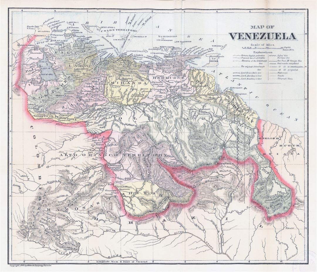 Крупномасштабная старая политическая карта Венесуэлы с рельефом - 1900
