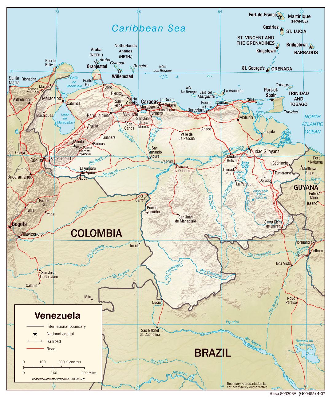 Крупномасштабная политическая карта Венесуэлы с рельефом, дорогами и городами - 2007