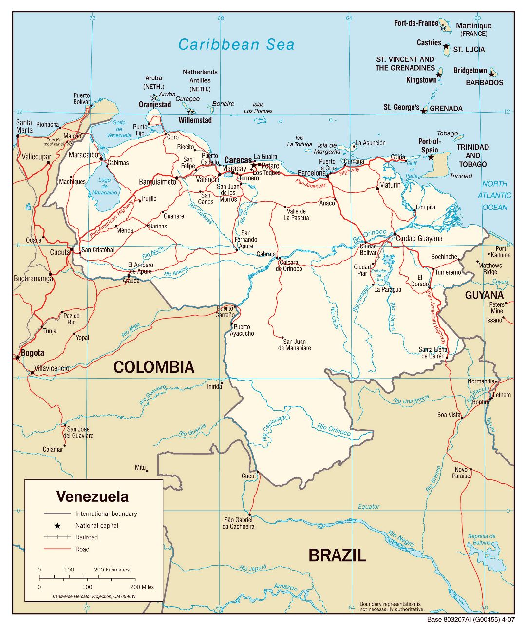 Крупномасштабная политическая карта Венесуэлы с дорогами и городами - 2007