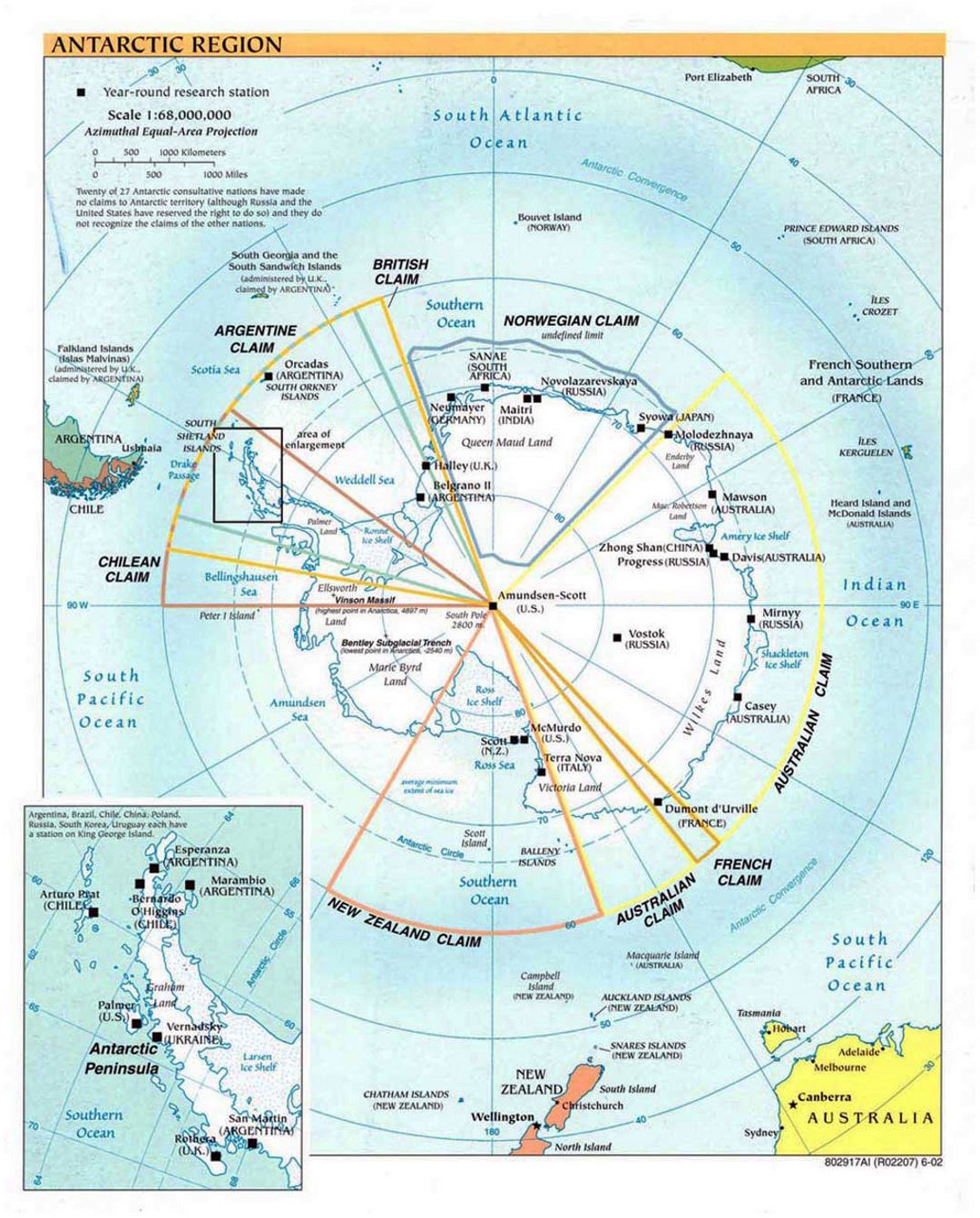 Подробная политическая карта Антарктики - 2002