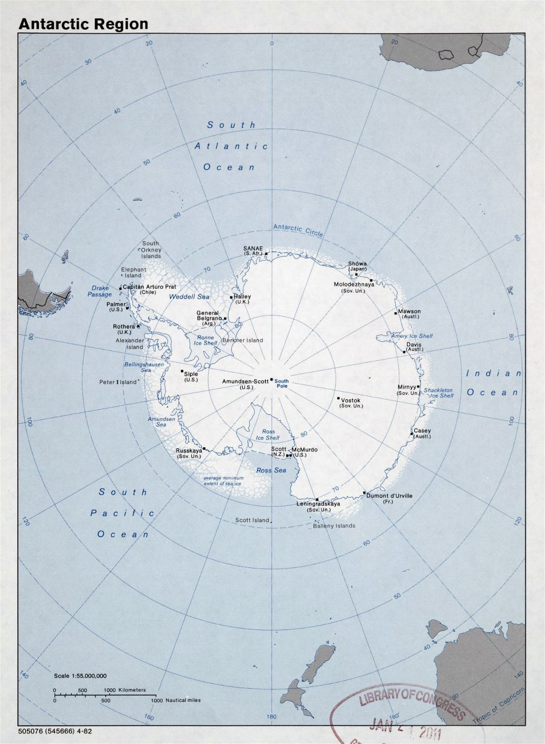Большая подробная политическая карта Антарктического региона - 1982