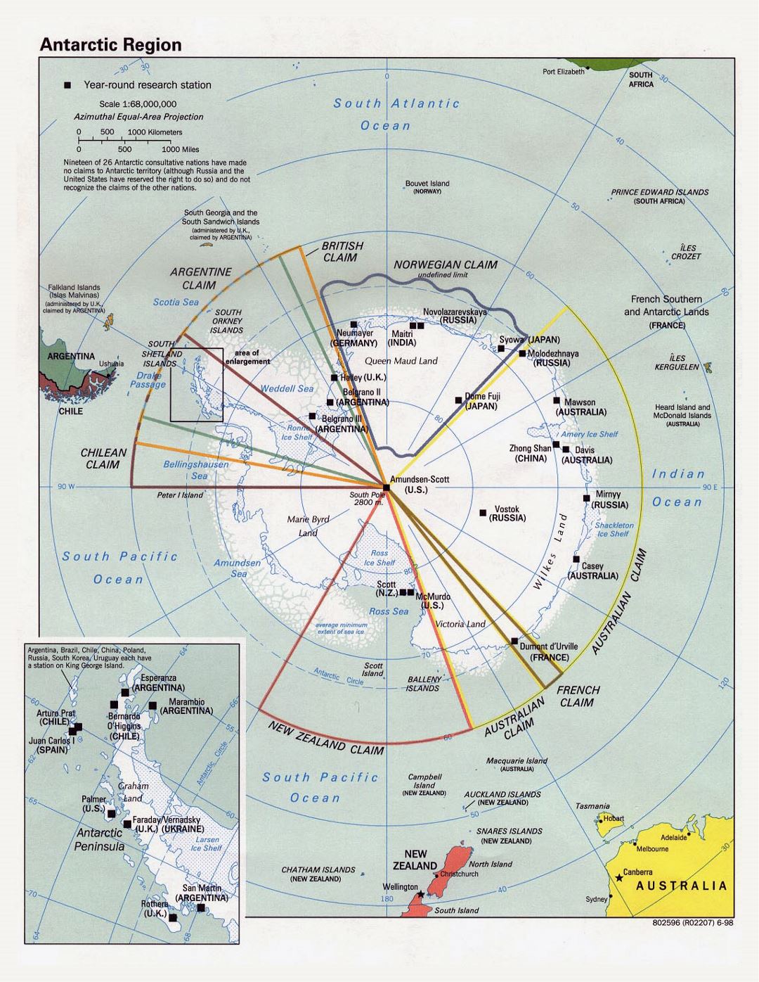 Большая политическая карта Антарктического региона - 1998