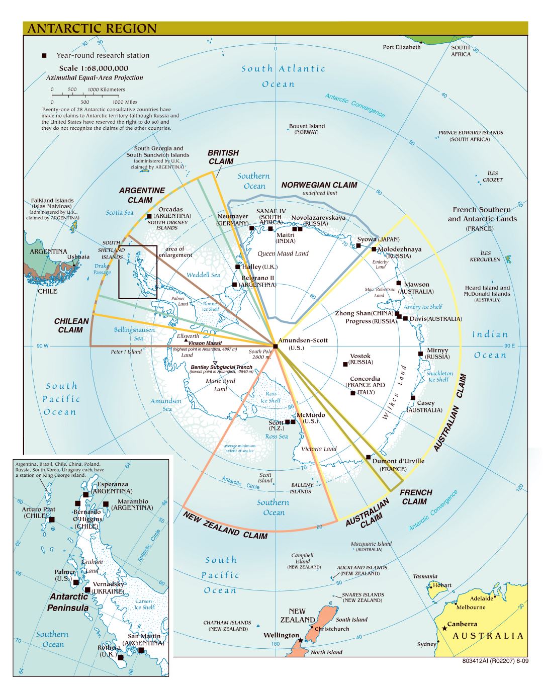 Крупномасштабная детальная политическая карта Антарктического региона - 2009