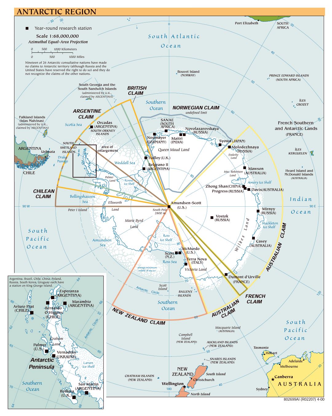Политическая карта Антарктического региона в большом формате - 2000