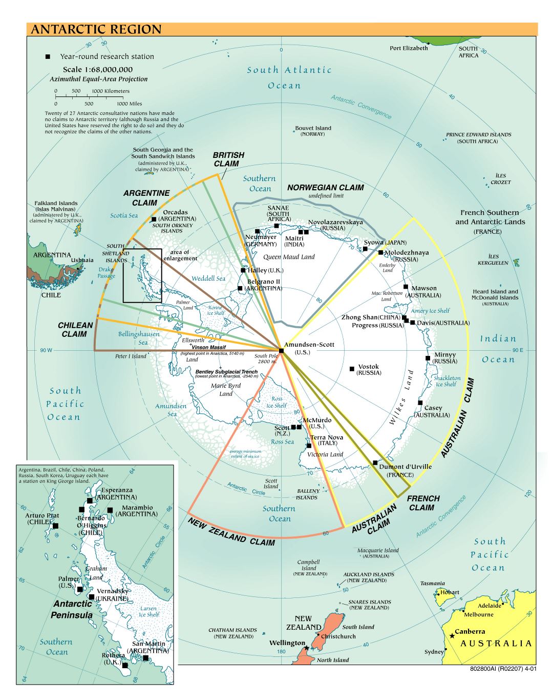 Крупномасштабная политическая карта Антарктического региона - 2001