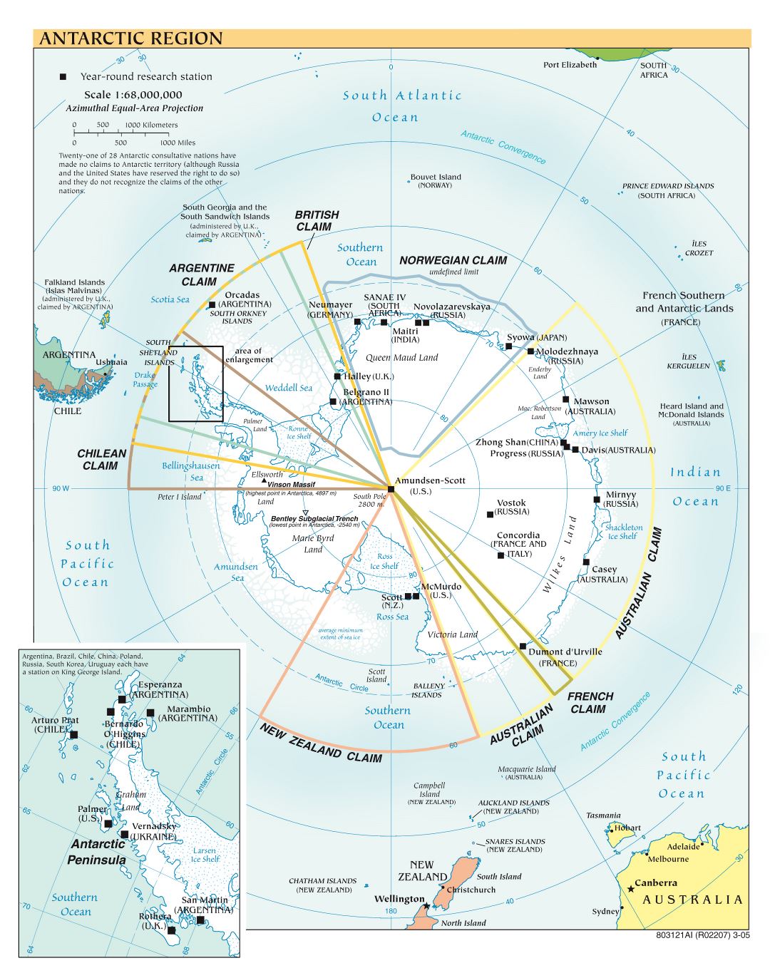 Политическая карта Антарктического региона в большом разрешении - 2005