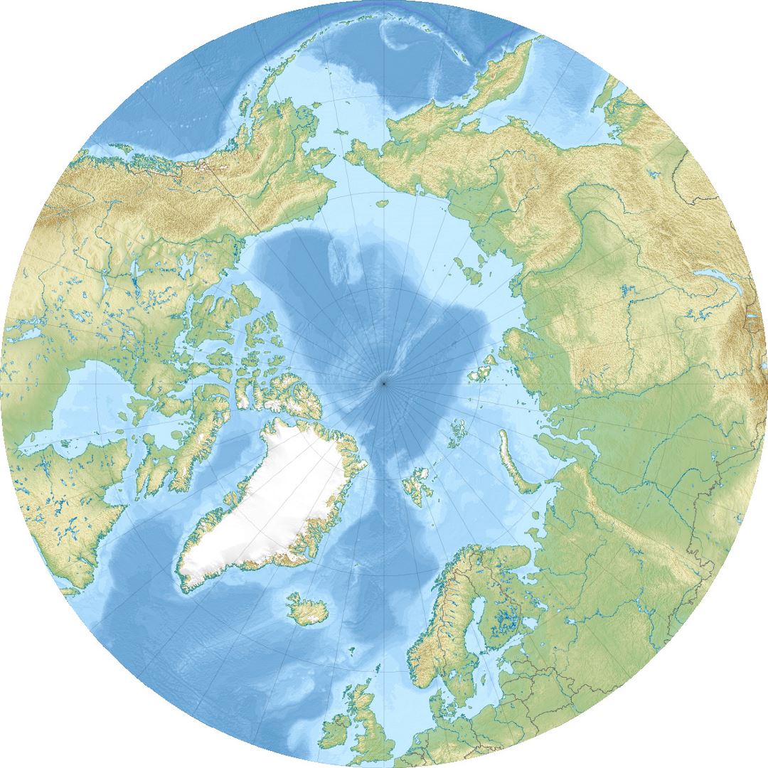 Подробная рельефная карта Северного Ледовитого океана