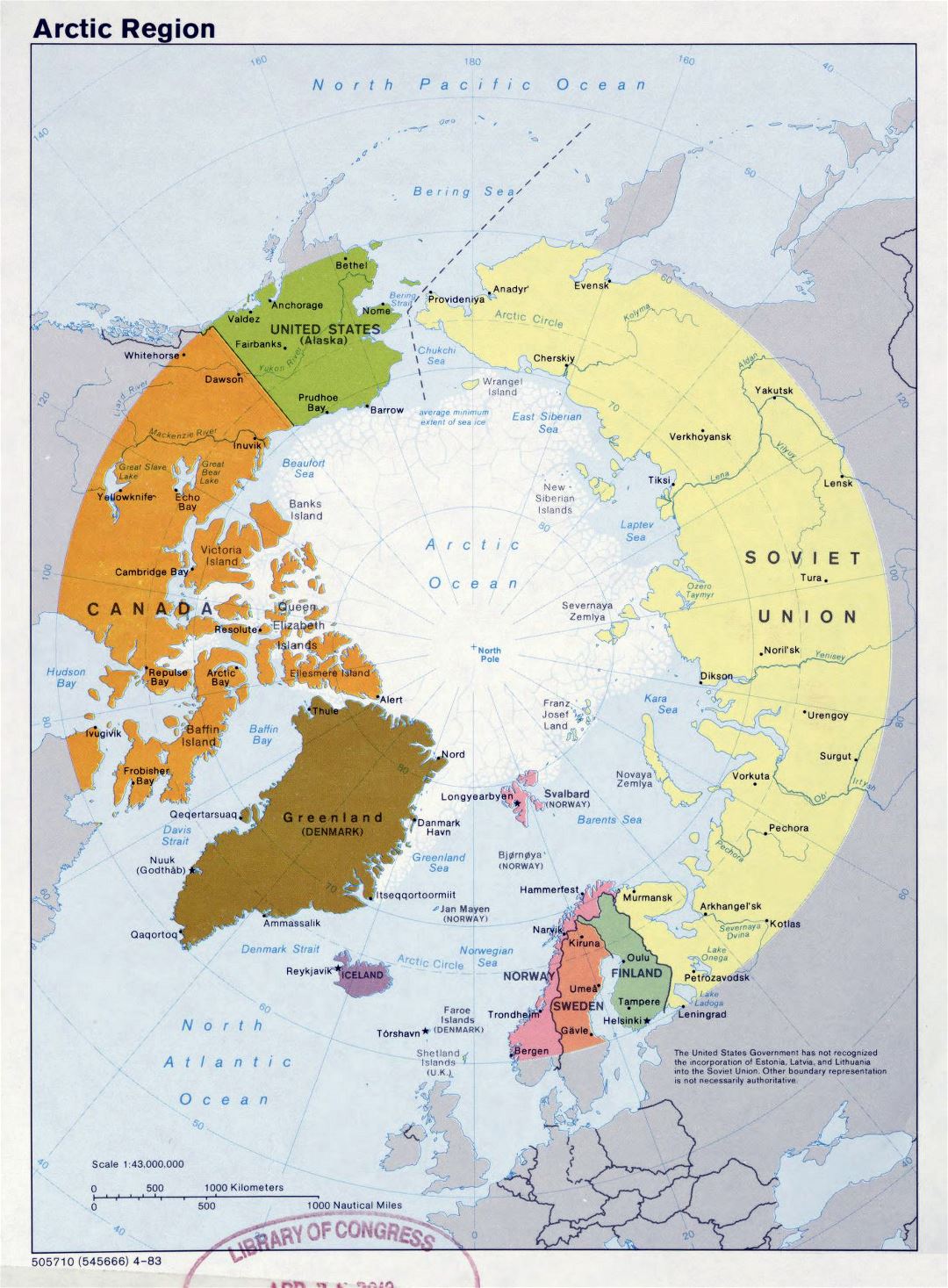 Большая подробная политическая карта Арктического региона - 1983