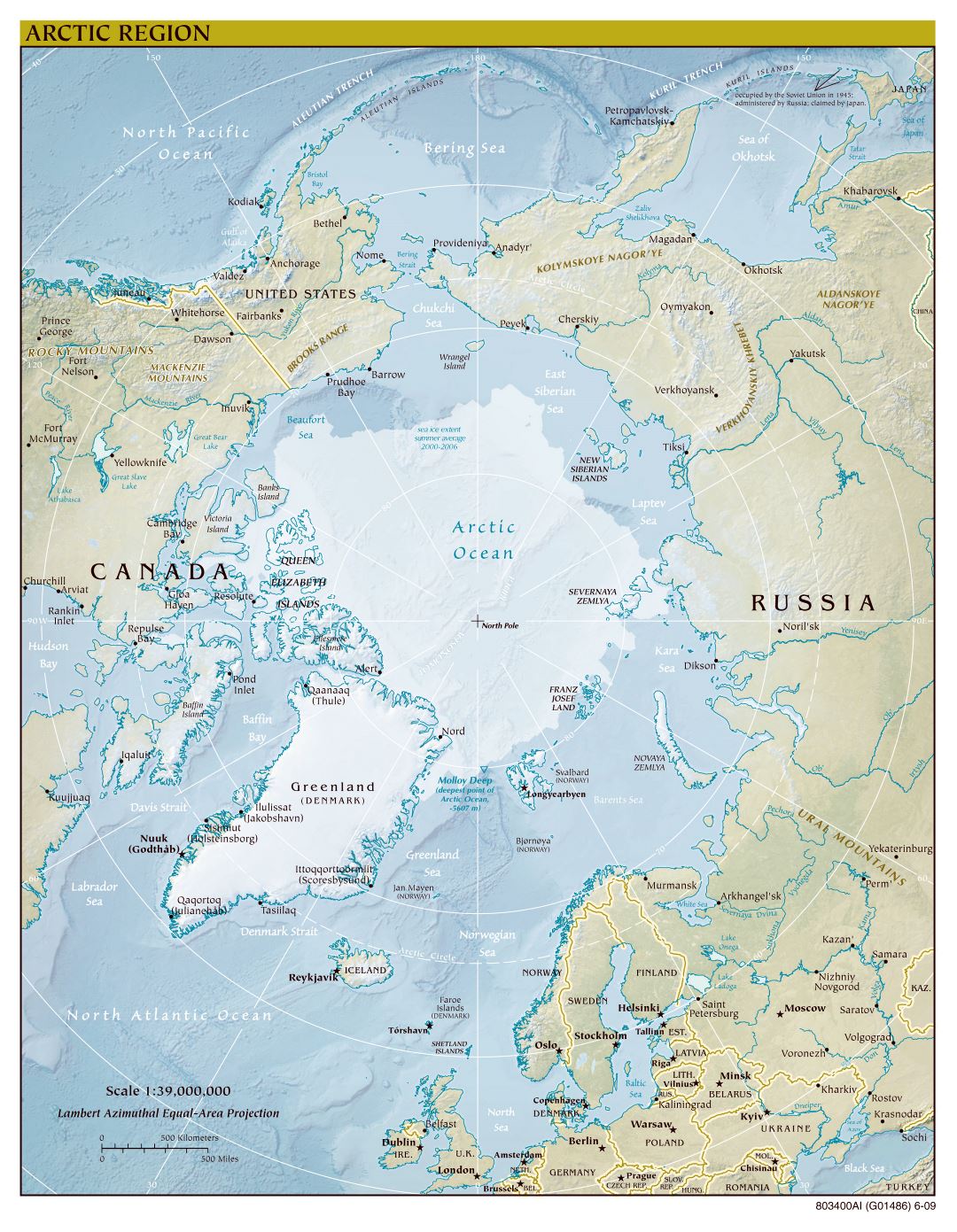Крупномасштабная политическая карта Арктического региона с рельефом - 2009