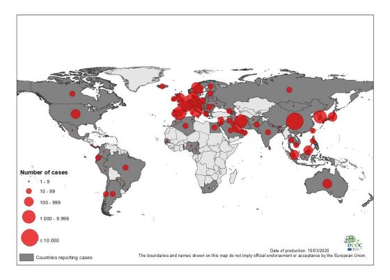 Коронавирус (Covid-19) географическое распространение в Мире - 2020-03-10