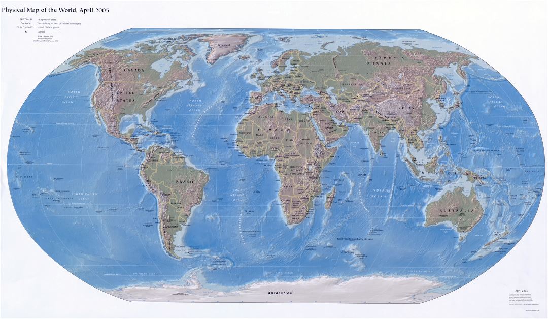 Большая детальная физическая и политическая карта мира со столицами стран и крупными городами - 2005