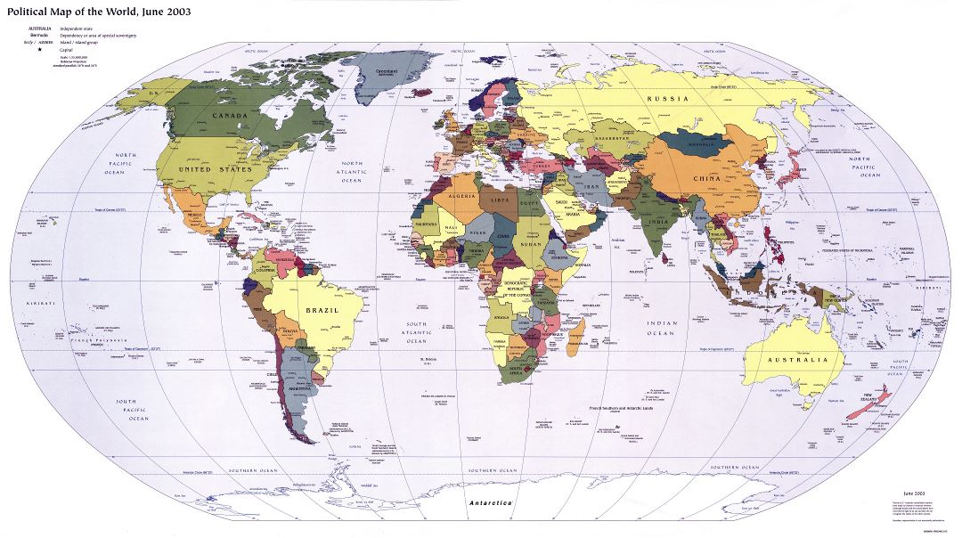 Большая детальная политическая карта мира со столицами стран - 2003
