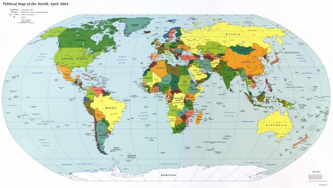 Большая подробная политическая карта мира со столицами и крупными городами - 2004